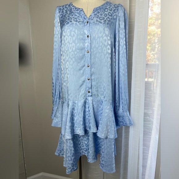 Sail to Sable Blue Animal Print Tiered Button Front Long Sleeve Dress Small - Picture 2 of 12